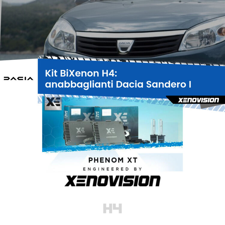 Kit Bixenon professionale H4 per Dacia Sandero I  (2008 - 2012). Taglio di luce perfetto, zero spie e riverberi. Leggendaria elettronica Canbus Xenovision. Qualità Massima Garantita.