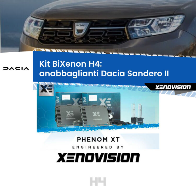 Kit Bixenon professionale H4 per Dacia Sandero II  (a parabola singola). Taglio di luce perfetto, zero spie e riverberi. Leggendaria elettronica Canbus Xenovision. Qualità Massima Garantita.