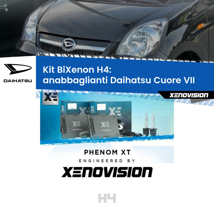 Kit Bixenon professionale H4 per Daihatsu Cuore VII  (2007 - 2018). Taglio di luce perfetto, zero spie e riverberi. Leggendaria elettronica Canbus Xenovision. Qualità Massima Garantita.