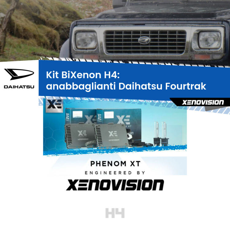 Kit Bixenon professionale H4 per Daihatsu Fourtrak  (1985 - 1998). Taglio di luce perfetto, zero spie e riverberi. Leggendaria elettronica Canbus Xenovision. Qualità Massima Garantita.