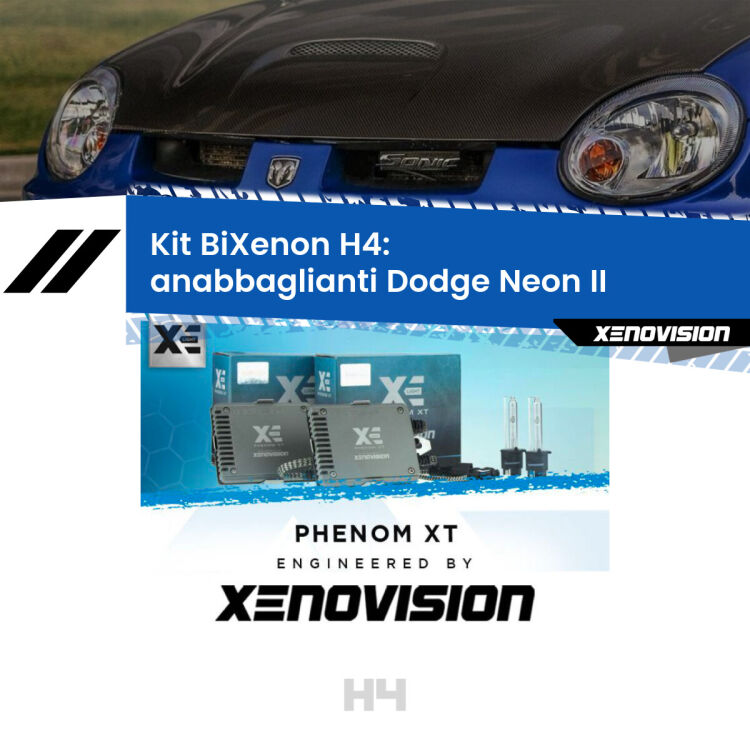 Kit Bixenon professionale H4 per Dodge Neon II (1999 - 2005). Taglio di luce perfetto, zero spie e riverberi. Leggendaria elettronica Canbus Xenovision. Qualità Massima Garantita.