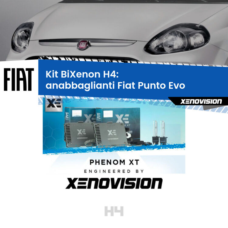 Kit Bixenon professionale H4 per Fiat Punto Evo  (2009 - 2015). Taglio di luce perfetto, zero spie e riverberi. Leggendaria elettronica Canbus Xenovision. Qualità Massima Garantita.