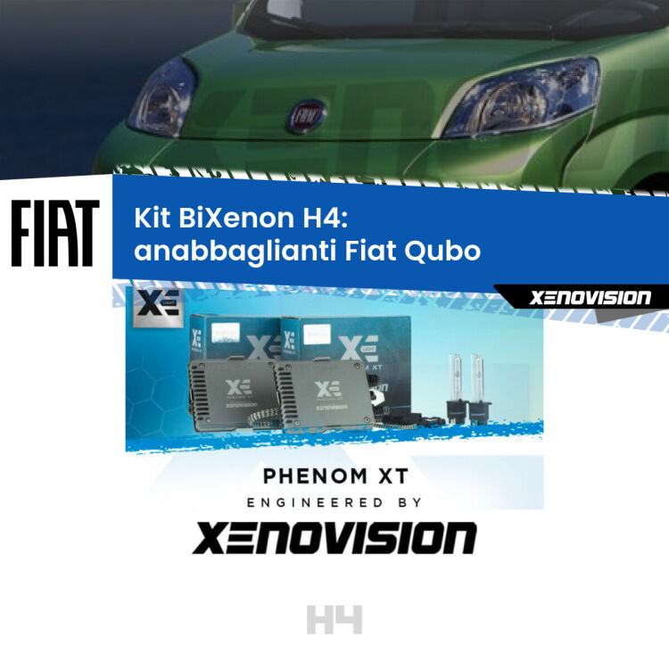 Kit Bixenon professionale H4 per Fiat Qubo  (2008 - 2021). Taglio di luce perfetto, zero spie e riverberi. Leggendaria elettronica Canbus Xenovision. Qualità Massima Garantita.