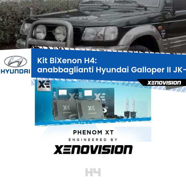 Kit Bixenon professionale H4 per Hyundai Galloper II JK-01 (1998 - 2003). Taglio di luce perfetto, zero spie e riverberi. Leggendaria elettronica Canbus Xenovision. Qualità Massima Garantita.