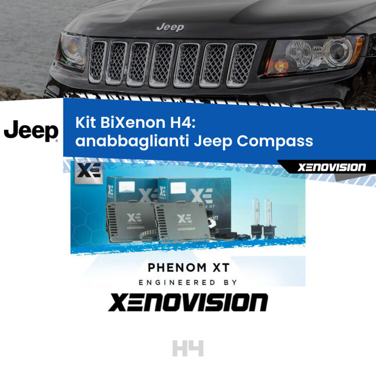 Kit Bixenon professionale H4 per Jeep Compass  (2006 - 2010). Taglio di luce perfetto, zero spie e riverberi. Leggendaria elettronica Canbus Xenovision. Qualità Massima Garantita.