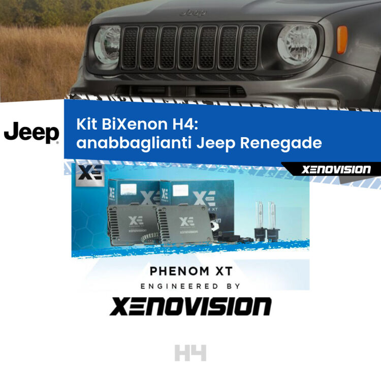 Kit Bixenon professionale H4 per Jeep Renegade  (2014 in poi). Taglio di luce perfetto, zero spie e riverberi. Leggendaria elettronica Canbus Xenovision. Qualità Massima Garantita.