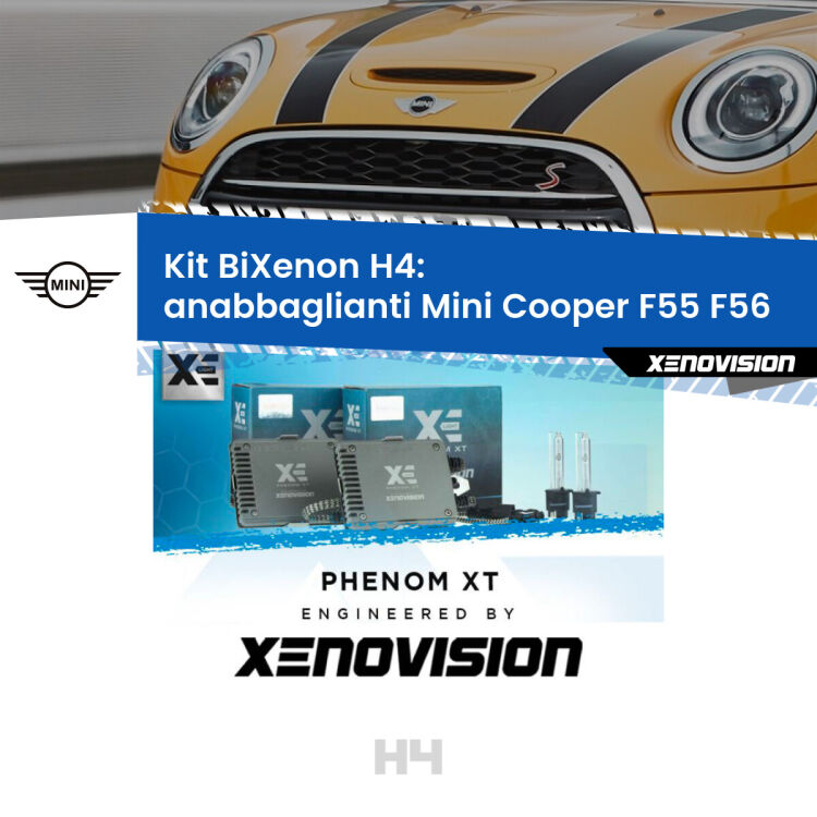 Kit Bixenon professionale H4 per Mini Cooper F55 F56 (2013 - 2017). Taglio di luce perfetto, zero spie e riverberi. Leggendaria elettronica Canbus Xenovision. Qualità Massima Garantita.