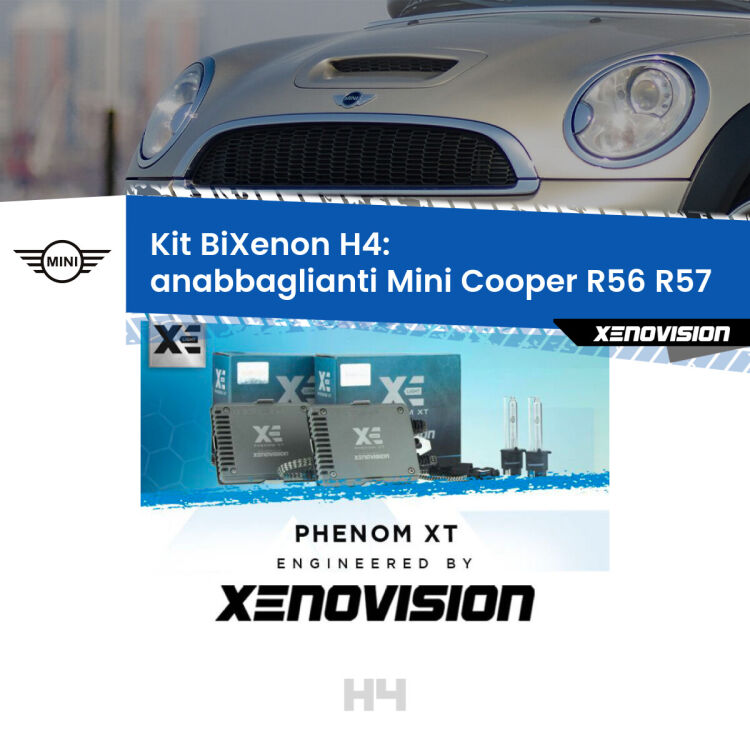 Kit Bixenon professionale H4 per Mini Cooper R56 R57 (2006 - 2013). Taglio di luce perfetto, zero spie e riverberi. Leggendaria elettronica Canbus Xenovision. Qualità Massima Garantita.