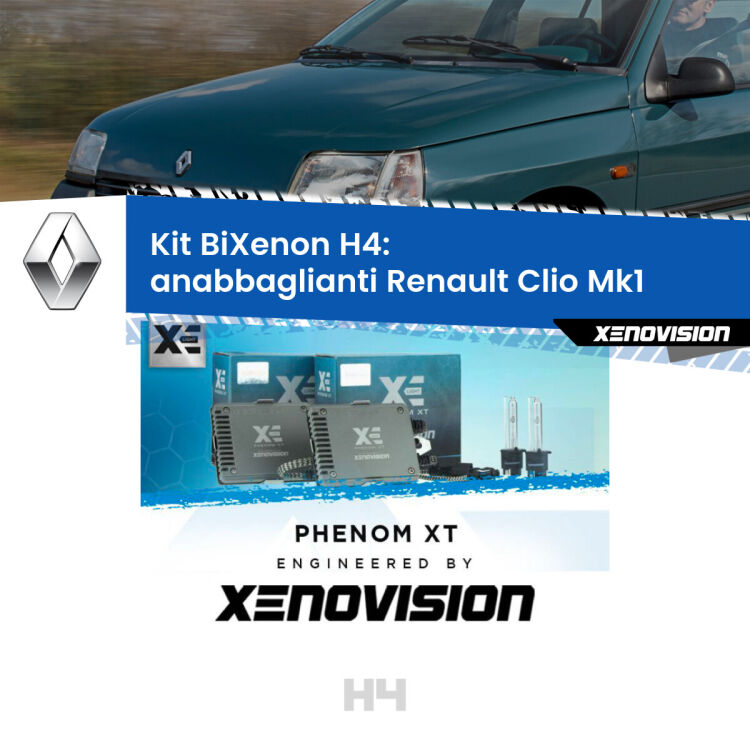 Kit Bixenon professionale H4 per Renault Clio Mk1 (1990 - 1998). Taglio di luce perfetto, zero spie e riverberi. Leggendaria elettronica Canbus Xenovision. Qualità Massima Garantita.