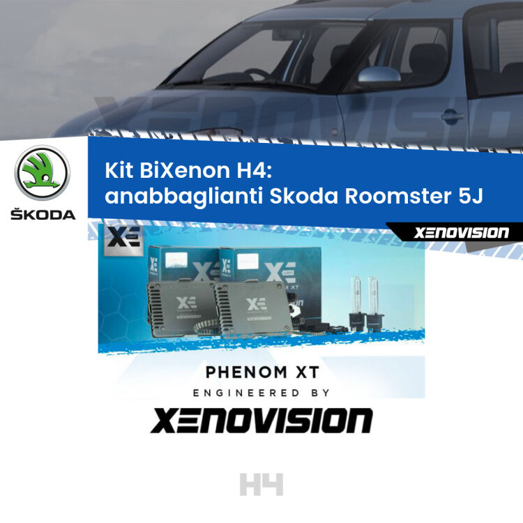 Kit Bixenon professionale H4 per Skoda Roomster 5J (fari a parabola). Taglio di luce perfetto, zero spie e riverberi. Leggendaria elettronica Canbus Xenovision. Qualità Massima Garantita.