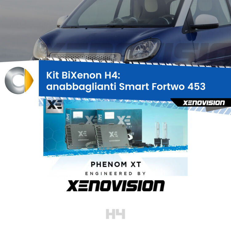 Kit Bixenon professionale H4 per Smart Fortwo 453 (2014 in poi). Taglio di luce perfetto, zero spie e riverberi. Leggendaria elettronica Canbus Xenovision. Qualità Massima Garantita.