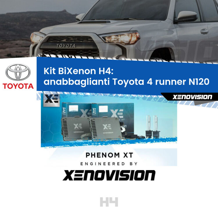 Kit Bixenon professionale H4 per Toyota 4 runner N120 (1989 - 1996). Taglio di luce perfetto, zero spie e riverberi. Leggendaria elettronica Canbus Xenovision. Qualità Massima Garantita.