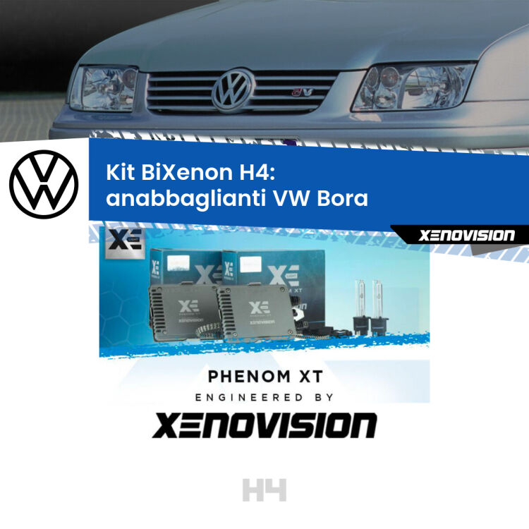 Kit Bixenon professionale H4 per VW Bora  (1999 - 2006). Taglio di luce perfetto, zero spie e riverberi. Leggendaria elettronica Canbus Xenovision. Qualità Massima Garantita.