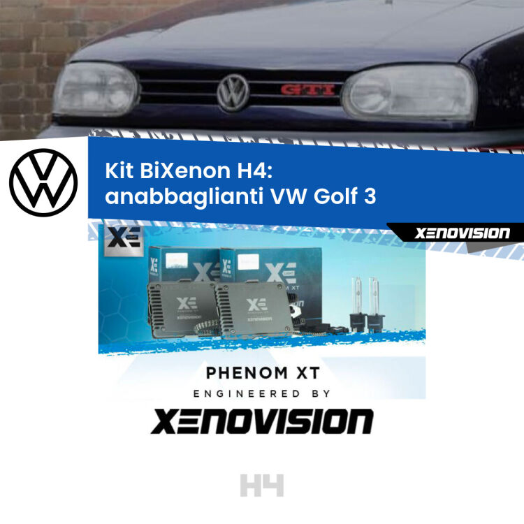 Kit Bixenon professionale H4 per VW Golf 3  (a parabola singola). Taglio di luce perfetto, zero spie e riverberi. Leggendaria elettronica Canbus Xenovision. Qualità Massima Garantita.