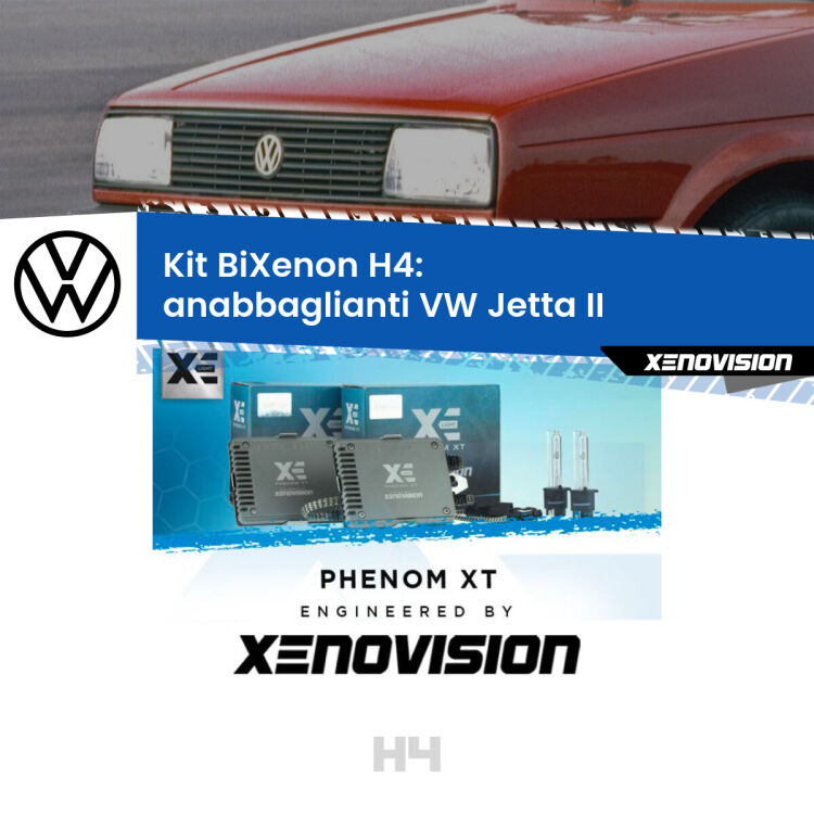 Kit Bixenon professionale H4 per VW Jetta II (1984 - 1992). Taglio di luce perfetto, zero spie e riverberi. Leggendaria elettronica Canbus Xenovision. Qualità Massima Garantita.