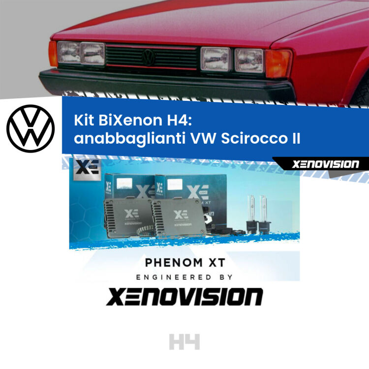 Kit Bixenon professionale H4 per VW Scirocco II (1980 - 1992). Taglio di luce perfetto, zero spie e riverberi. Leggendaria elettronica Canbus Xenovision. Qualità Massima Garantita.