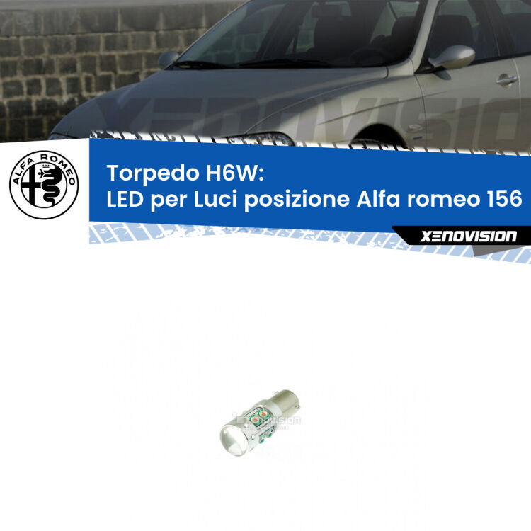 Lampadina LED H6W per <strong>luci posizione Alfa romeo 156 </strong> (modelli 1997-2005) con 10 chip Led CREE da 5W ciascuno. lluminazione poderosa a 360 gradi, luminosità incredibile. Qualità Massima Garantita.