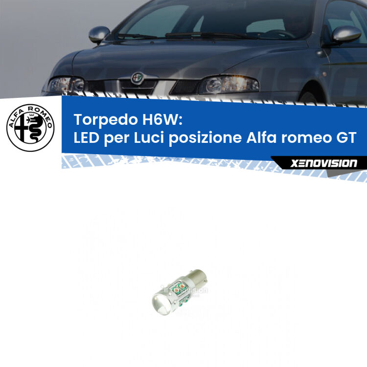 Lampadina LED H6W per <strong>luci posizione Alfa romeo GT </strong> (modelli 2003-2010) con 10 chip Led CREE da 5W ciascuno. lluminazione poderosa a 360 gradi, luminosità incredibile. Qualità Massima Garantita.