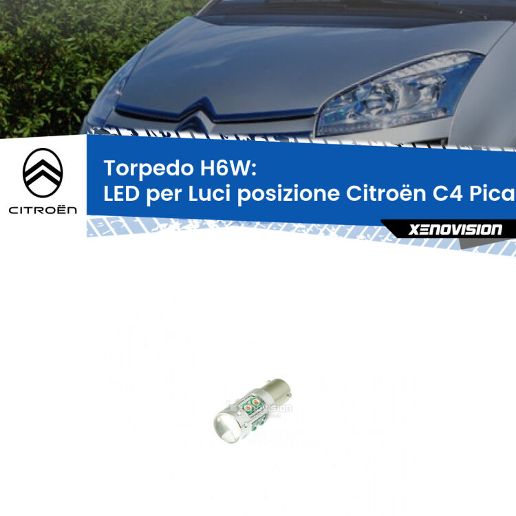 Lampadina LED H6W per <strong>luci posizione Citroën C4 Picasso </strong> (modelli 2006-2013) con 10 chip Led CREE da 5W ciascuno. lluminazione poderosa a 360 gradi, luminosità incredibile. Qualità Massima Garantita.