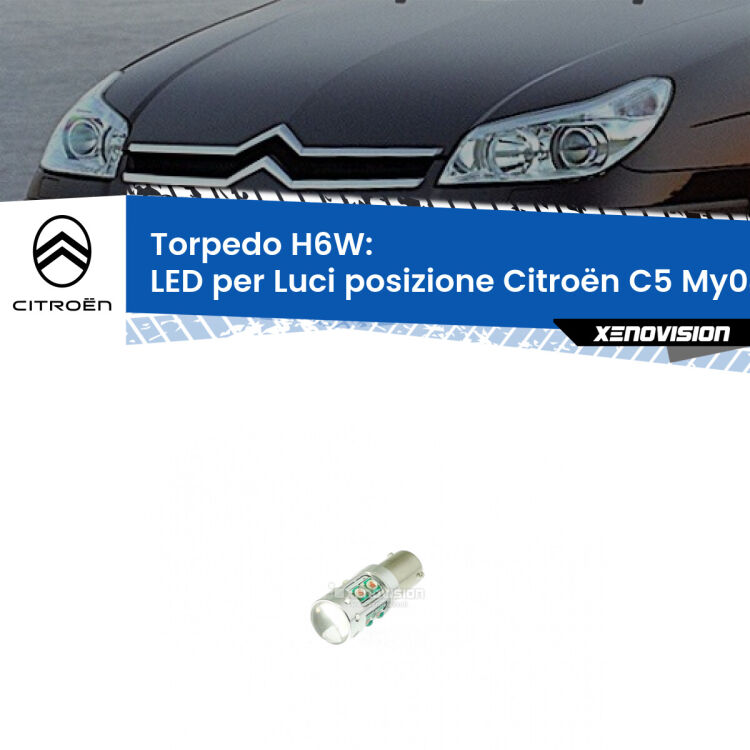 Lampadina LED H6W per <strong>luci posizione Citroën C5 My04</strong> (modelli 2004-2008) con 10 chip Led CREE da 5W ciascuno. lluminazione poderosa a 360 gradi, luminosità incredibile. Qualità Massima Garantita.