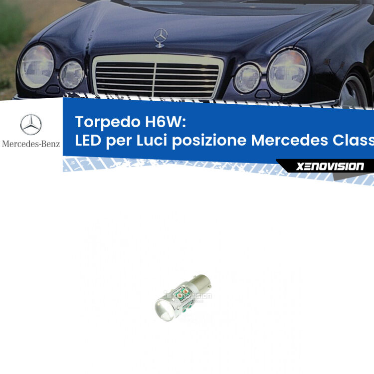 Lampadina LED H6W per <strong>luci posizione Mercedes Classe-E W210</strong> (modelli 1995-2002) con 10 chip Led CREE da 5W ciascuno. lluminazione poderosa a 360 gradi, luminosità incredibile. Qualità Massima Garantita.