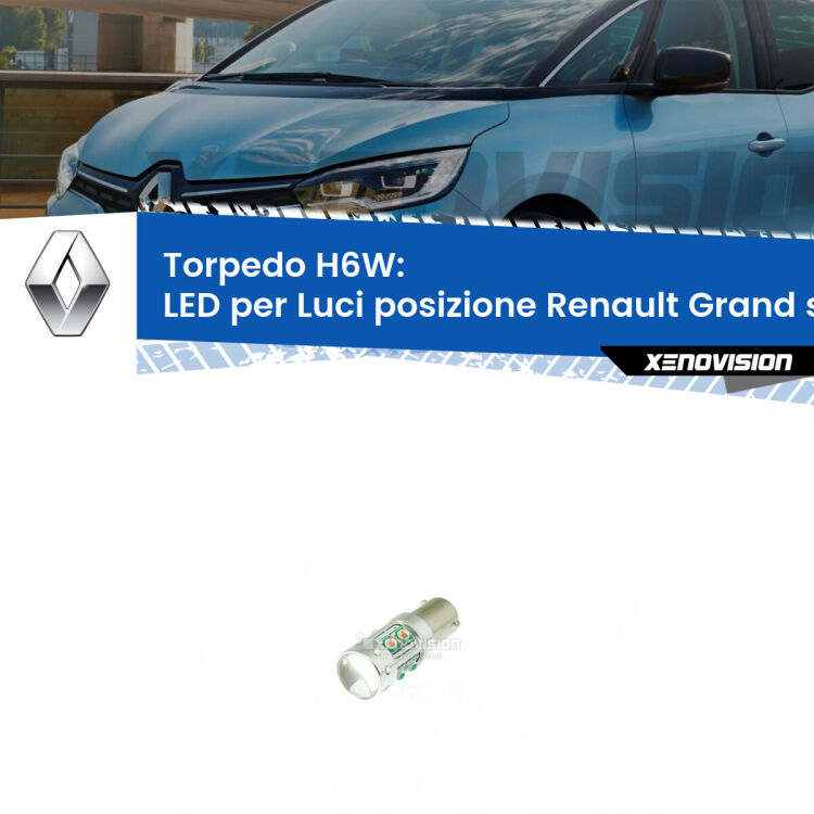 Lampadina LED H6W per <strong>luci posizione Renault Grand scenic II Mk2</strong> (modelli 2006-2009) con 10 chip Led CREE da 5W ciascuno. lluminazione poderosa a 360 gradi, luminosità incredibile. Qualità Massima Garantita.