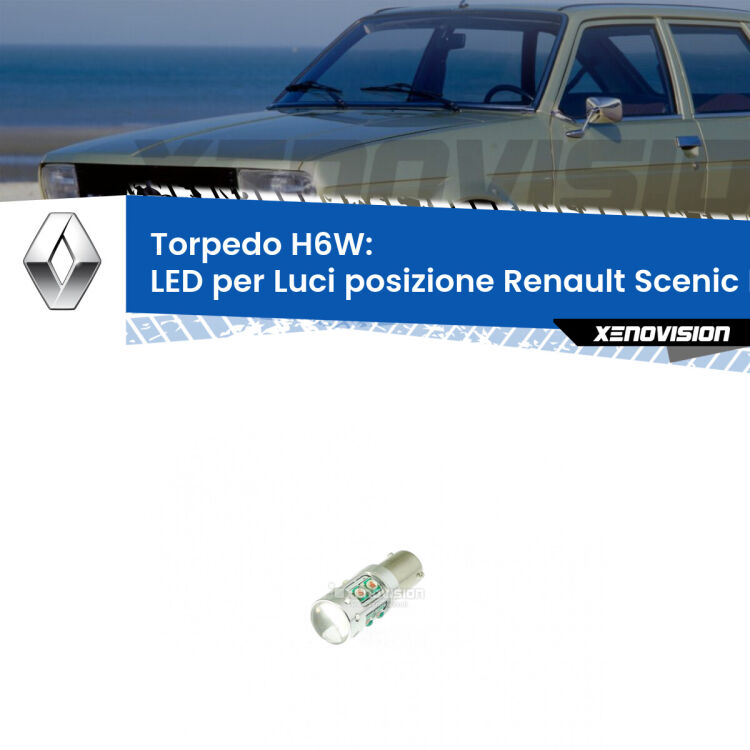 Lampadina LED H6W per <strong>luci posizione Renault Scenic II Mk2</strong> (modelli 2006-2008) con 10 chip Led CREE da 5W ciascuno. lluminazione poderosa a 360 gradi, luminosità incredibile. Qualità Massima Garantita.