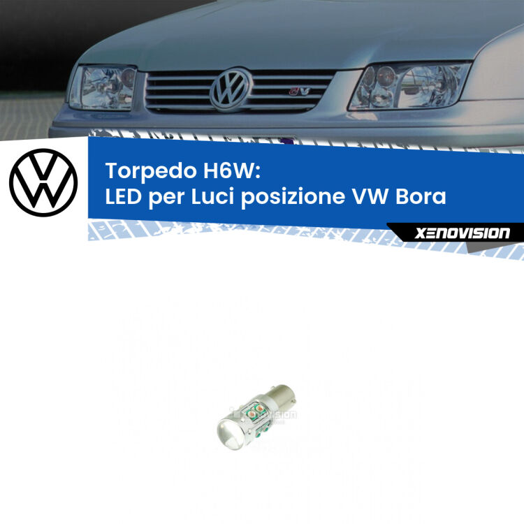 Lampadina LED H6W per <strong>luci posizione VW Bora </strong> (modelli 1999-2006) con 10 chip Led CREE da 5W ciascuno. lluminazione poderosa a 360 gradi, luminosità incredibile. Qualità Massima Garantita.