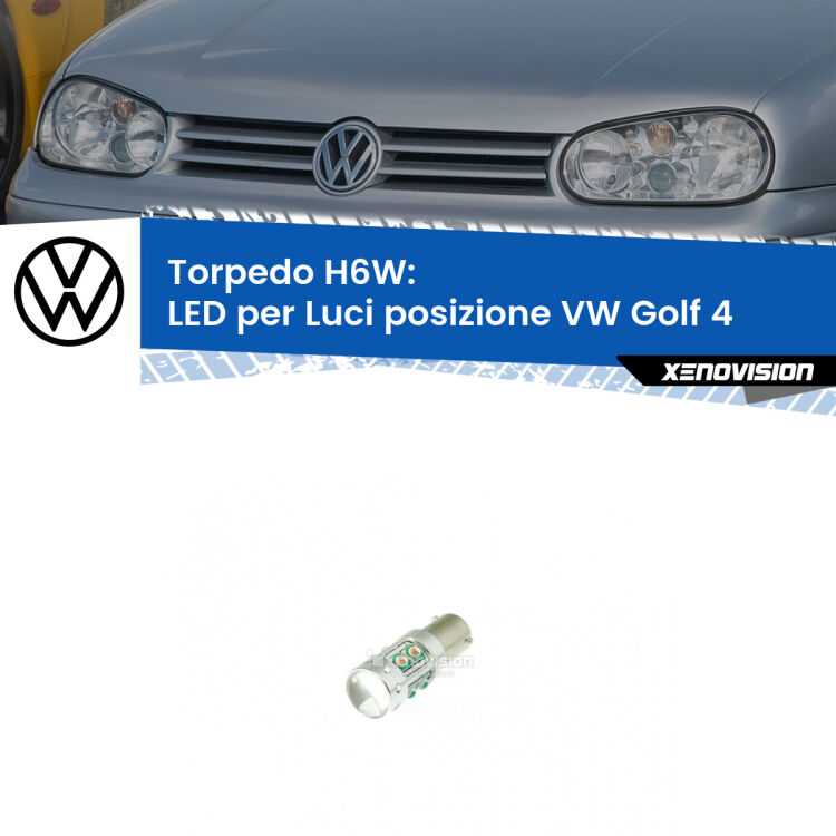 Lampadina LED H6W per <strong>luci posizione VW Golf 4 </strong> (modelli 1997-2005) con 10 chip Led CREE da 5W ciascuno. lluminazione poderosa a 360 gradi, luminosità incredibile. Qualità Massima Garantita.