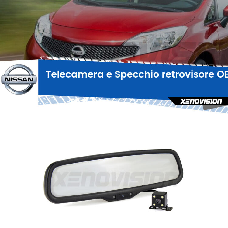 Kit Telecamera Parcheggio e Specchietto retrovisore con display invisibile incorporato per Nissan Note E12. Da spento è indistinguibile da un retrovisore originale. Con 2 ingressi video per telecamere retromarcia, l'immagine appare in un riquadro che prima era invisibile.