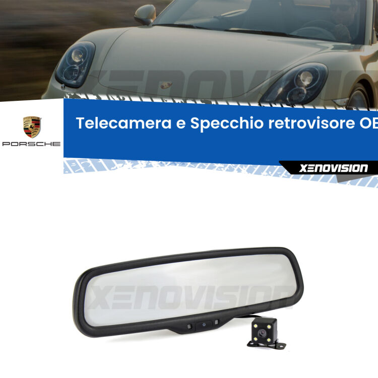 Kit Telecamera Parcheggio e Specchietto retrovisore con display invisibile incorporato per Porsche Boxster 986. Da spento è indistinguibile da un retrovisore originale. Con 2 ingressi video per telecamere retromarcia, l'immagine appare in un riquadro che prima era invisibile.