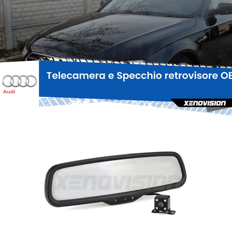 Kit Telecamera Parcheggio e Specchietto retrovisore con display invisibile incorporato per Audi A4 B8. Da spento è indistinguibile da un retrovisore originale. Con 2 ingressi video per telecamere retromarcia, l'immagine appare in un riquadro che prima era invisibile.