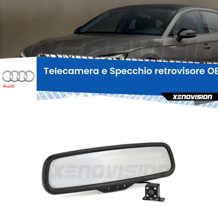 Kit Telecamera Parcheggio e Specchietto retrovisore con display invisibile incorporato per Audi A5 F53. Da spento è indistinguibile da un retrovisore originale. Con 2 ingressi video per telecamere retromarcia, l'immagine appare in un riquadro che prima era invisibile.