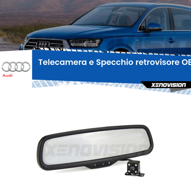 Kit Telecamera Parcheggio e Specchietto retrovisore con display invisibile incorporato per Audi Q7 II. Da spento è indistinguibile da un retrovisore originale. Con 2 ingressi video per telecamere retromarcia, l'immagine appare in un riquadro che prima era invisibile.