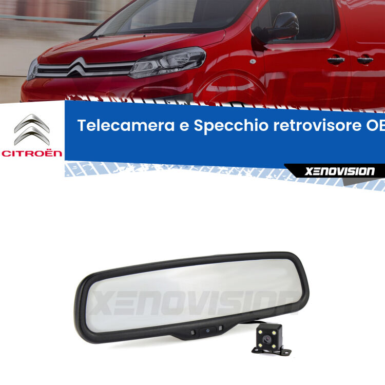 Kit Telecamera Parcheggio e Specchietto retrovisore con display invisibile incorporato per Citroën Jumpy . Da spento è indistinguibile da un retrovisore originale. Con 2 ingressi video per telecamere retromarcia, l'immagine appare in un riquadro che prima era invisibile.