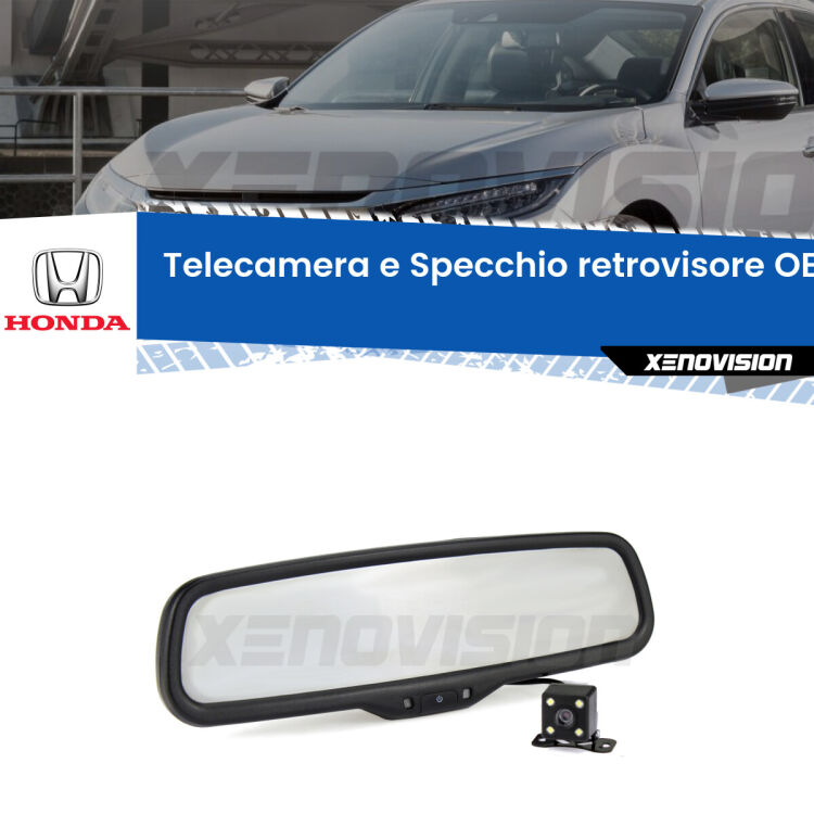 Kit Telecamera Parcheggio e Specchietto retrovisore con display invisibile incorporato per Honda Civic Mk6. Da spento è indistinguibile da un retrovisore originale. Con 2 ingressi video per telecamere retromarcia, l'immagine appare in un riquadro che prima era invisibile.