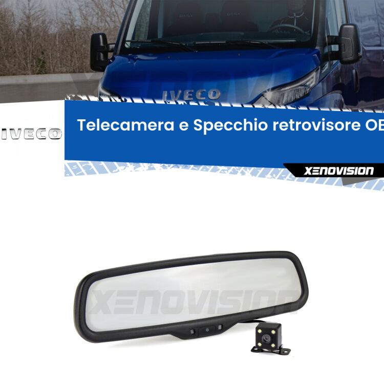 Kit Telecamera Parcheggio e Specchietto retrovisore con display invisibile incorporato per Iveco Daily II Mk1. Da spento è indistinguibile da un retrovisore originale. Con 2 ingressi video per telecamere retromarcia, l'immagine appare in un riquadro che prima era invisibile.