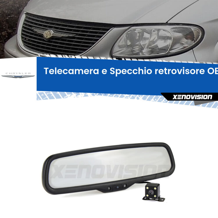 Kit Telecamera Parcheggio e Specchietto retrovisore con display invisibile incorporato per Chrysler Voyager IV . Da spento è indistinguibile da un retrovisore originale. Con 2 ingressi video per telecamere retromarcia, l'immagine appare in un riquadro che prima era invisibile.