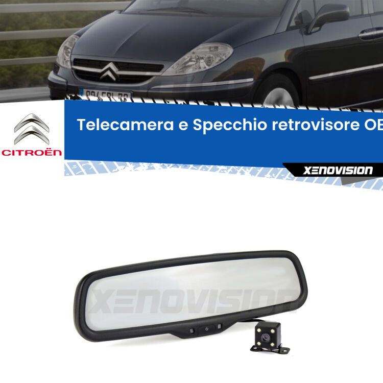 Kit Telecamera Parcheggio e Specchietto retrovisore con display invisibile incorporato per Citroën C8 . Da spento è indistinguibile da un retrovisore originale. Con 2 ingressi video per telecamere retromarcia, l'immagine appare in un riquadro che prima era invisibile.