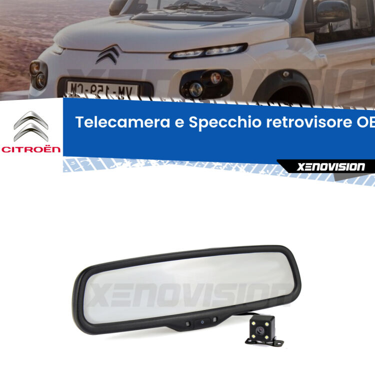 Kit Telecamera Parcheggio e Specchietto retrovisore con display invisibile incorporato per Citroën E-mehari . Da spento è indistinguibile da un retrovisore originale. Con 2 ingressi video per telecamere retromarcia, l'immagine appare in un riquadro che prima era invisibile.