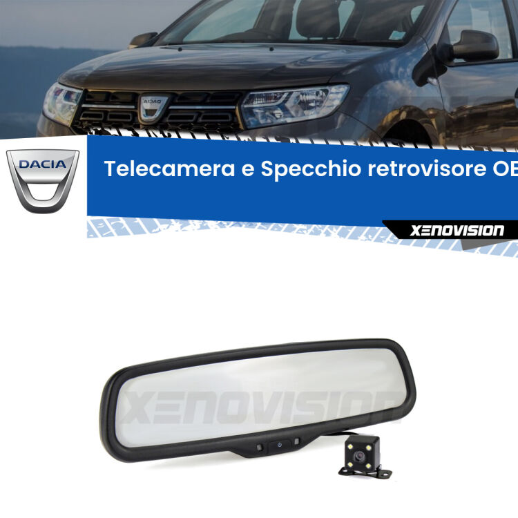 Kit Telecamera Parcheggio e Specchietto retrovisore con display invisibile incorporato per Dacia Sandero I . Da spento è indistinguibile da un retrovisore originale. Con 2 ingressi video per telecamere retromarcia, l'immagine appare in un riquadro che prima era invisibile.