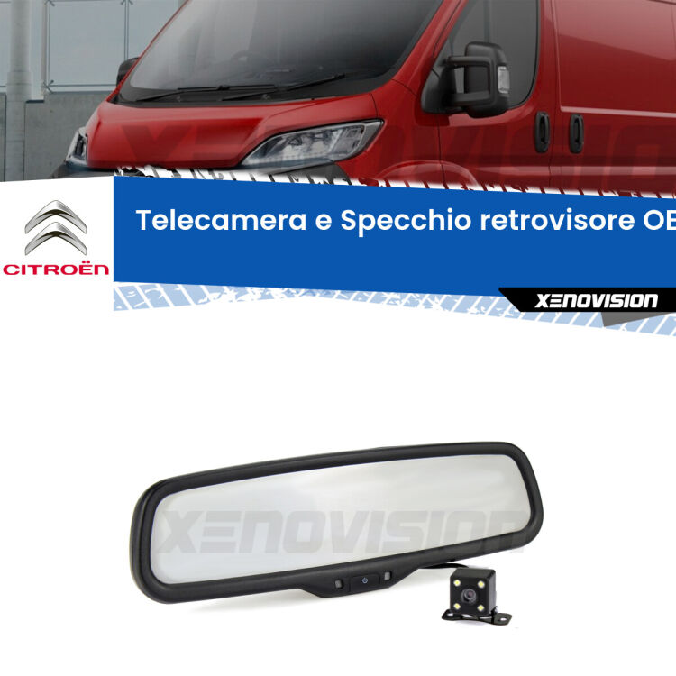 Kit Telecamera Parcheggio e Specchietto retrovisore con display invisibile incorporato per Citroën Jumper . Da spento è indistinguibile da un retrovisore originale. Con 2 ingressi video per telecamere retromarcia, l'immagine appare in un riquadro che prima era invisibile.