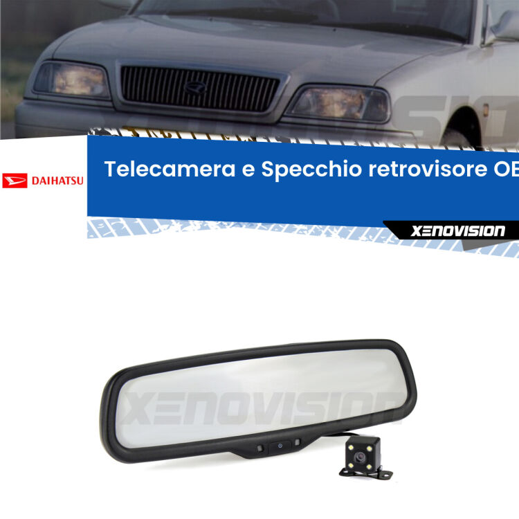 Kit Telecamera Parcheggio e Specchietto retrovisore con display invisibile incorporato per Daihatsu Applause II. Da spento è indistinguibile da un retrovisore originale. Con 2 ingressi video per telecamere retromarcia, l'immagine appare in un riquadro che prima era invisibile.