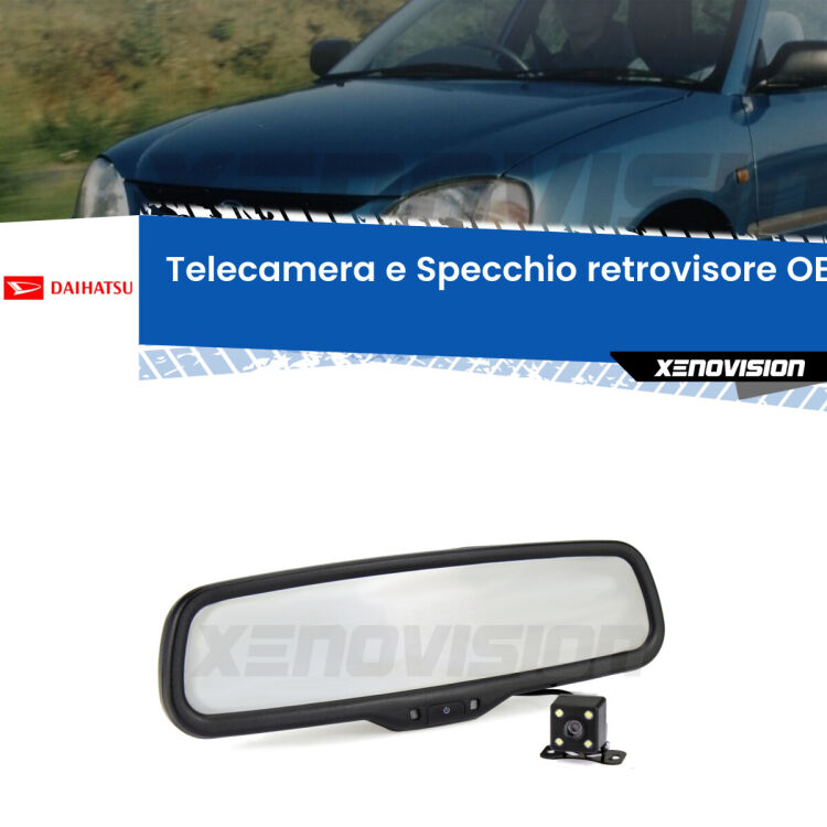 Kit Telecamera Parcheggio e Specchietto retrovisore con display invisibile incorporato per Daihatsu Cuore VI . Da spento è indistinguibile da un retrovisore originale. Con 2 ingressi video per telecamere retromarcia, l'immagine appare in un riquadro che prima era invisibile.