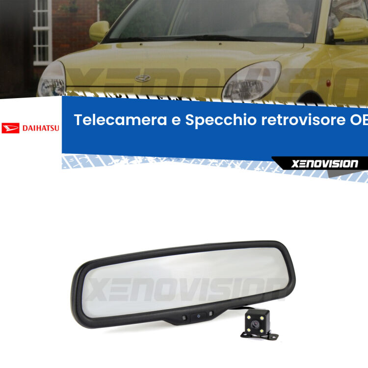 Kit Telecamera Parcheggio e Specchietto retrovisore con display invisibile incorporato per Daihatsu Storia . Da spento è indistinguibile da un retrovisore originale. Con 2 ingressi video per telecamere retromarcia, l'immagine appare in un riquadro che prima era invisibile.