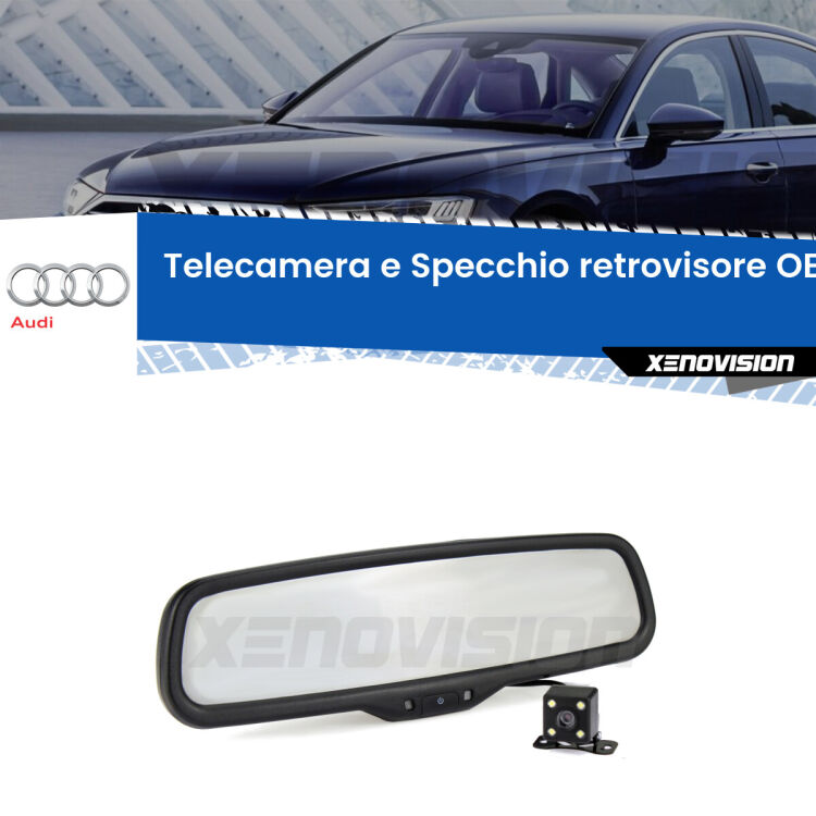 Kit Telecamera Parcheggio e Specchietto retrovisore con display invisibile incorporato per Audi A8 D4. Da spento è indistinguibile da un retrovisore originale. Con 2 ingressi video per telecamere retromarcia, l'immagine appare in un riquadro che prima era invisibile.