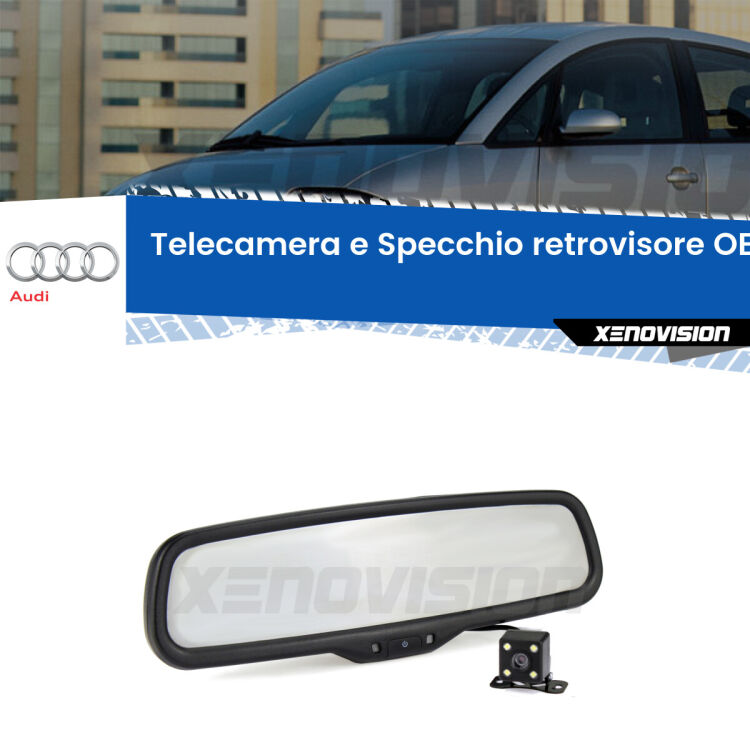 Kit Telecamera Parcheggio e Specchietto retrovisore con display invisibile incorporato per Audi A2 . Da spento è indistinguibile da un retrovisore originale. Con 2 ingressi video per telecamere retromarcia, l'immagine appare in un riquadro che prima era invisibile.