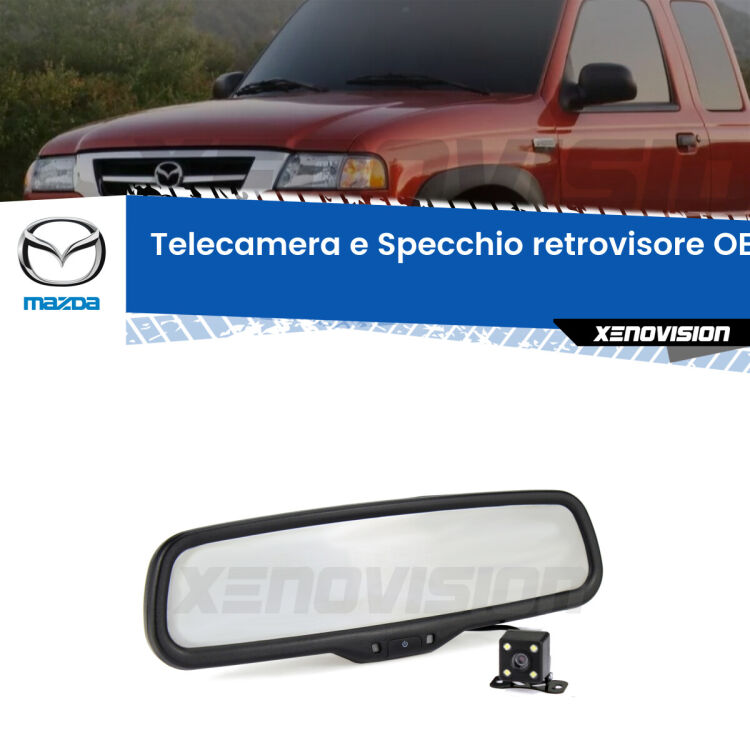 Kit Telecamera Parcheggio e Specchietto retrovisore con display invisibile incorporato per Mazda B-serie UN. Da spento è indistinguibile da un retrovisore originale. Con 2 ingressi video per telecamere retromarcia, l'immagine appare in un riquadro che prima era invisibile.