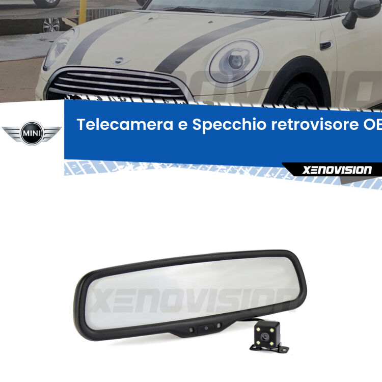 Kit Telecamera Parcheggio e Specchietto retrovisore con display invisibile incorporato per Mini Cooper F55 F56. Da spento è indistinguibile da un retrovisore originale. Con 2 ingressi video per telecamere retromarcia, l'immagine appare in un riquadro che prima era invisibile.