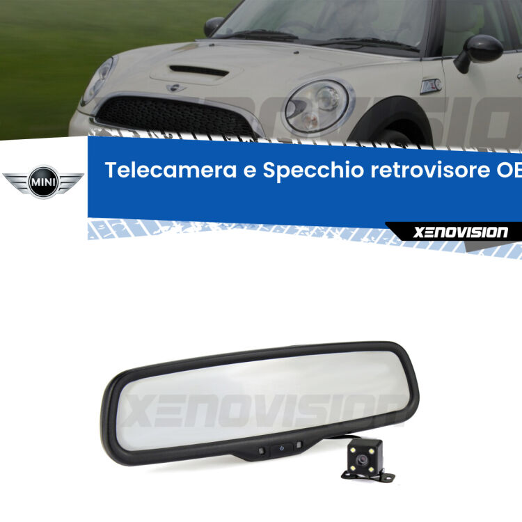 Kit Telecamera Parcheggio e Specchietto retrovisore con display invisibile incorporato per Mini Clubman R55. Da spento è indistinguibile da un retrovisore originale. Con 2 ingressi video per telecamere retromarcia, l'immagine appare in un riquadro che prima era invisibile.